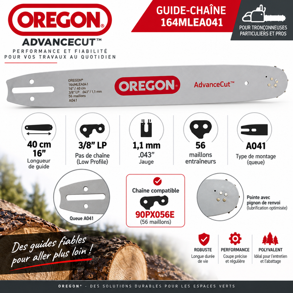 Guide de tronçonneuse Oregon 40 cm – 3/8" LP – 1,1 mm – 164MLEA041