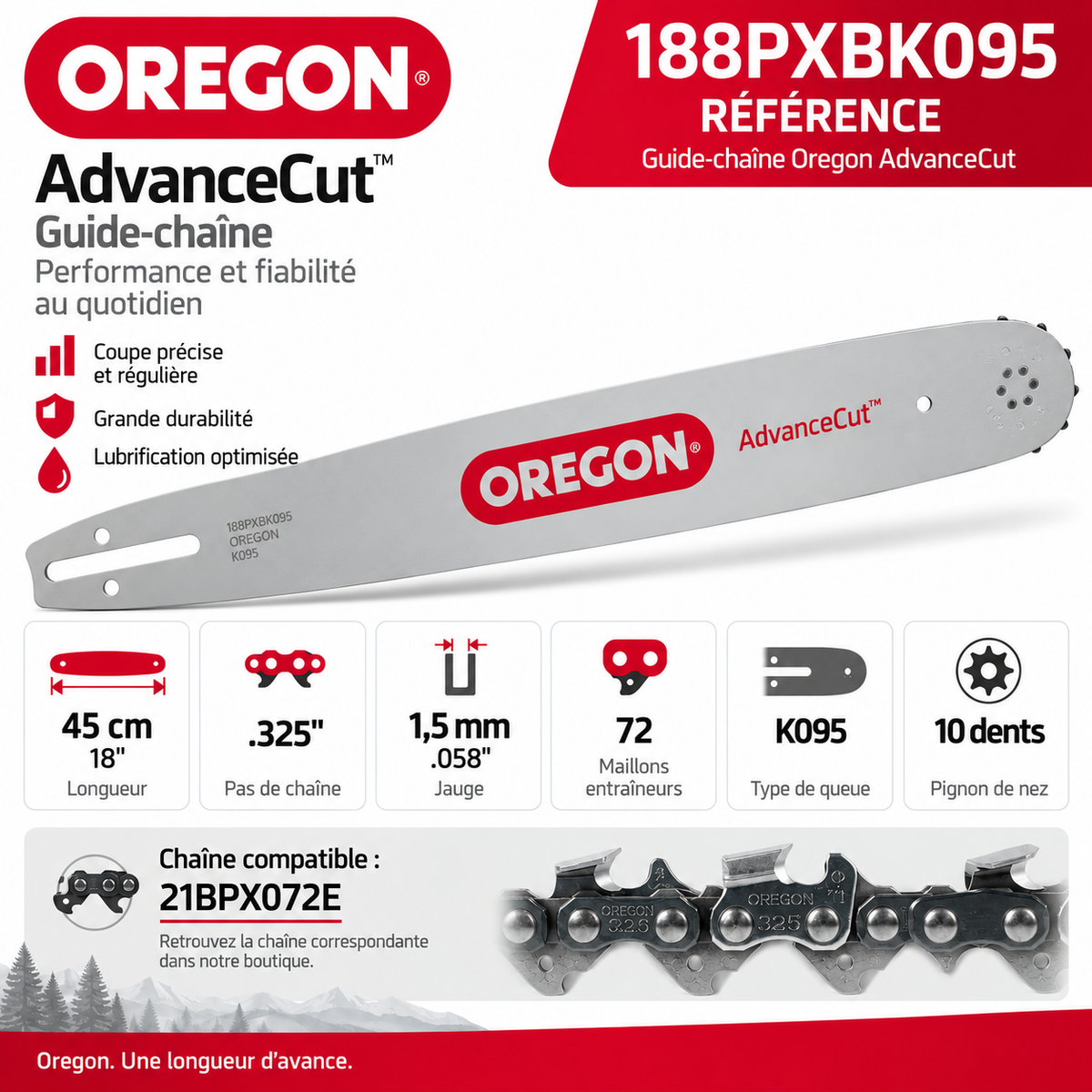 Guide tronçonneuse Oregon AdvanceCut 188PXBK095 45 cm 0,325" 1,5 mm