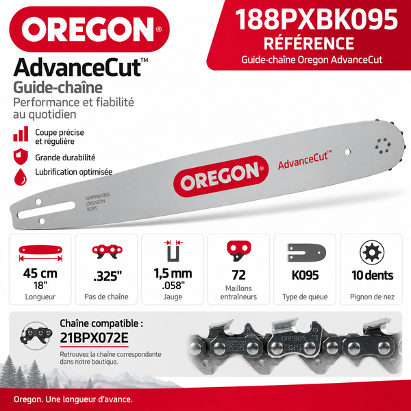 Guide de tronçonneuse Oregon AdvanceCut 45 cm – 0,325" – 1,5 mm – 188PXBK095