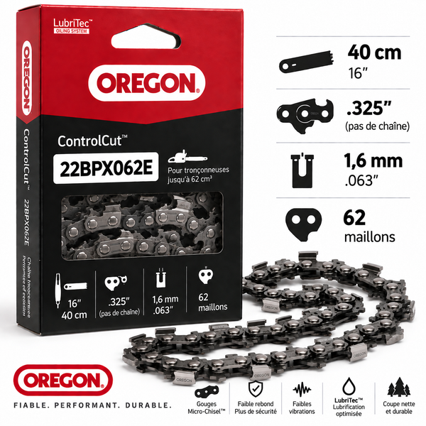 Chaîne tronçonneuse Oregon 22BPX062E – .325" – 1,6 mm – 62 maillons