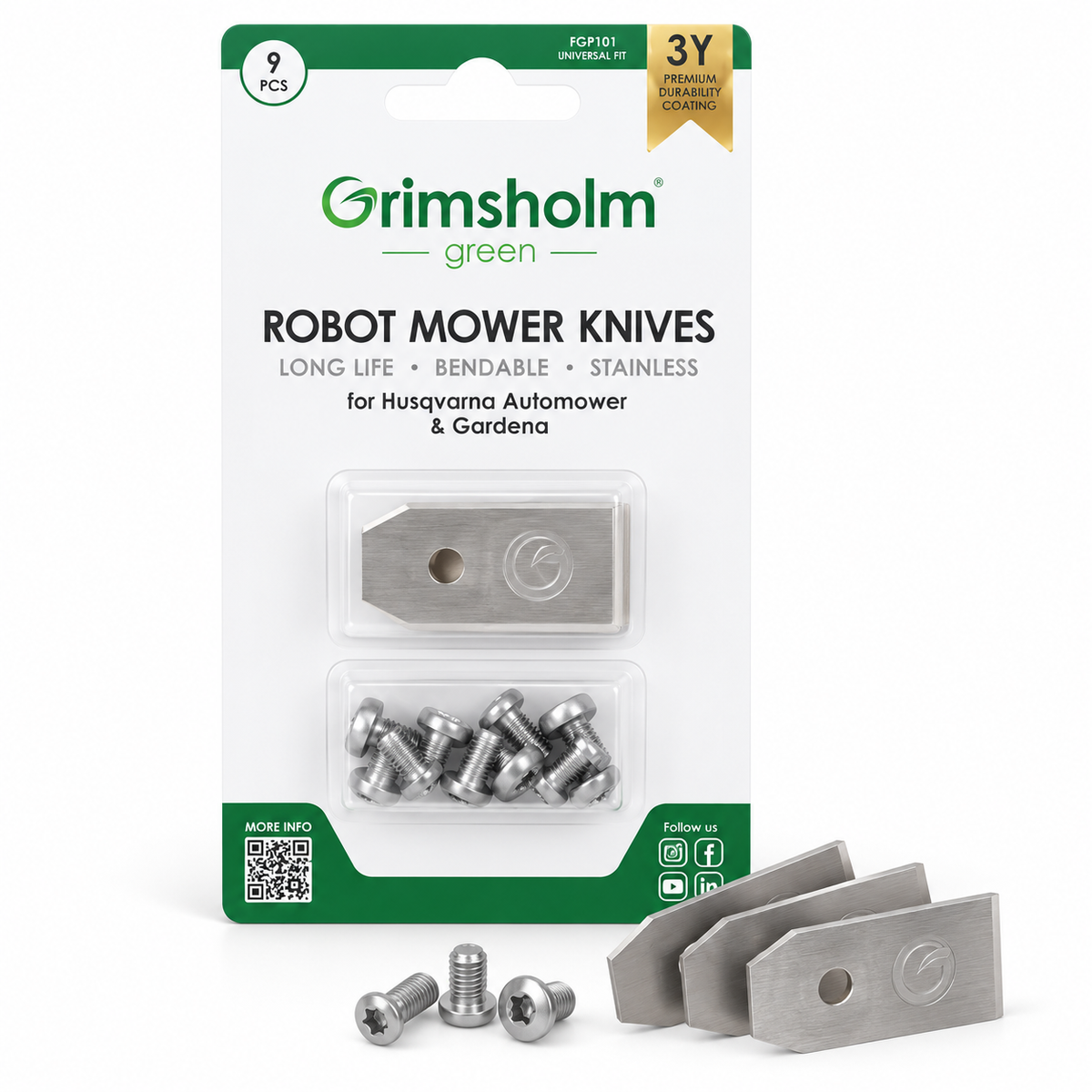 Lot de 9 lames Grimsholm FGP101 avec vis pour robot tondeuse Husqvarna et Gardena